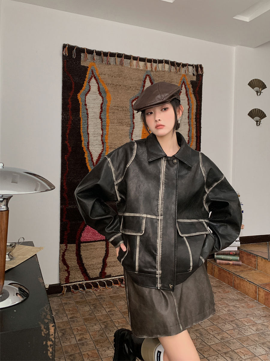 Pockets Faux Leather Jacket Women Winter Vintage
