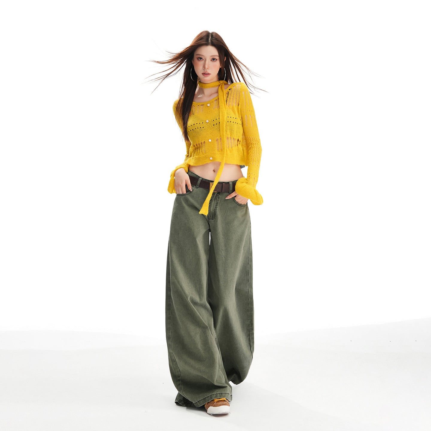 Khaki wide-leg jeans