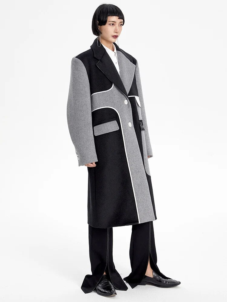 Gray Color-block Long Woolen Coat