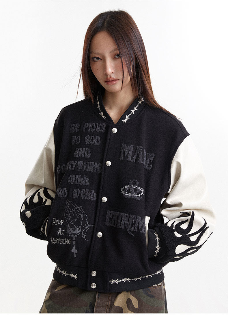 Mixed embroidery PU sleeves Jacket