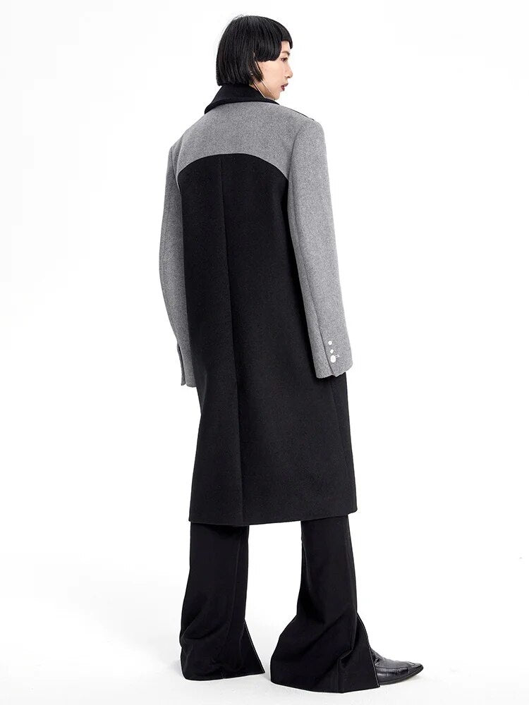 Gray Color-block Long Woolen Coat