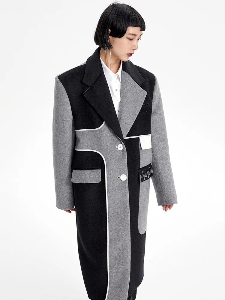 Gray Color-block Long Woolen Coat