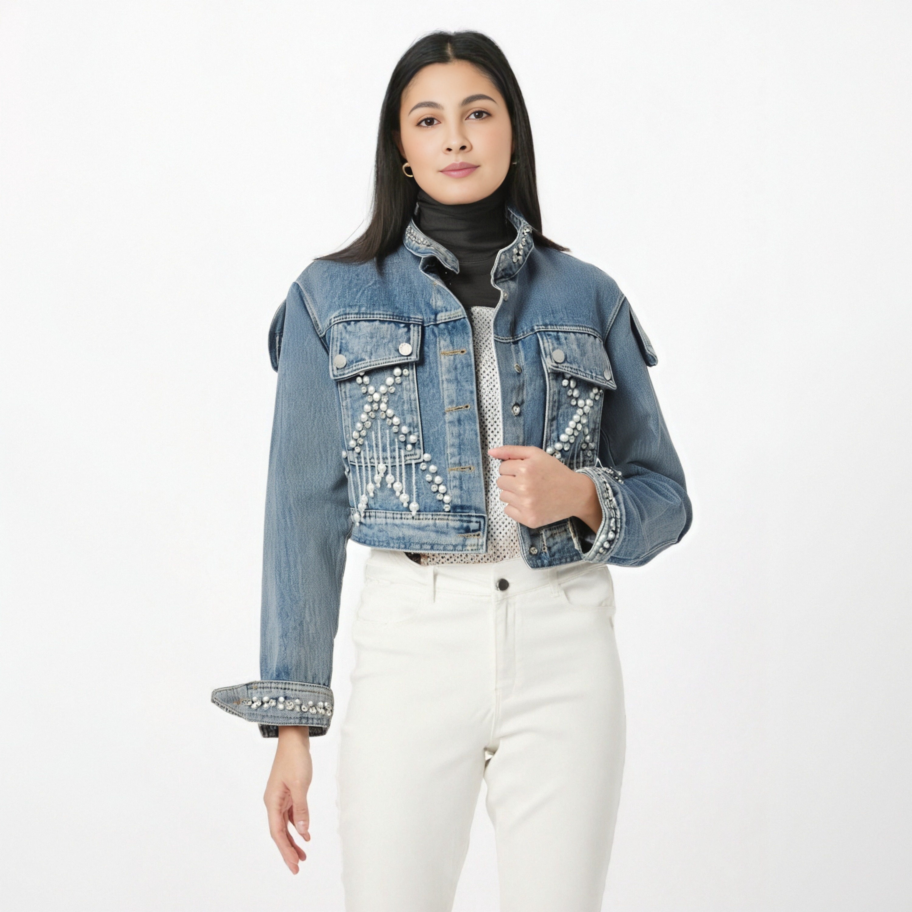 Studded diamond fringed denim jacket