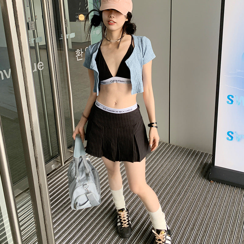 Striped pleated mini skirt