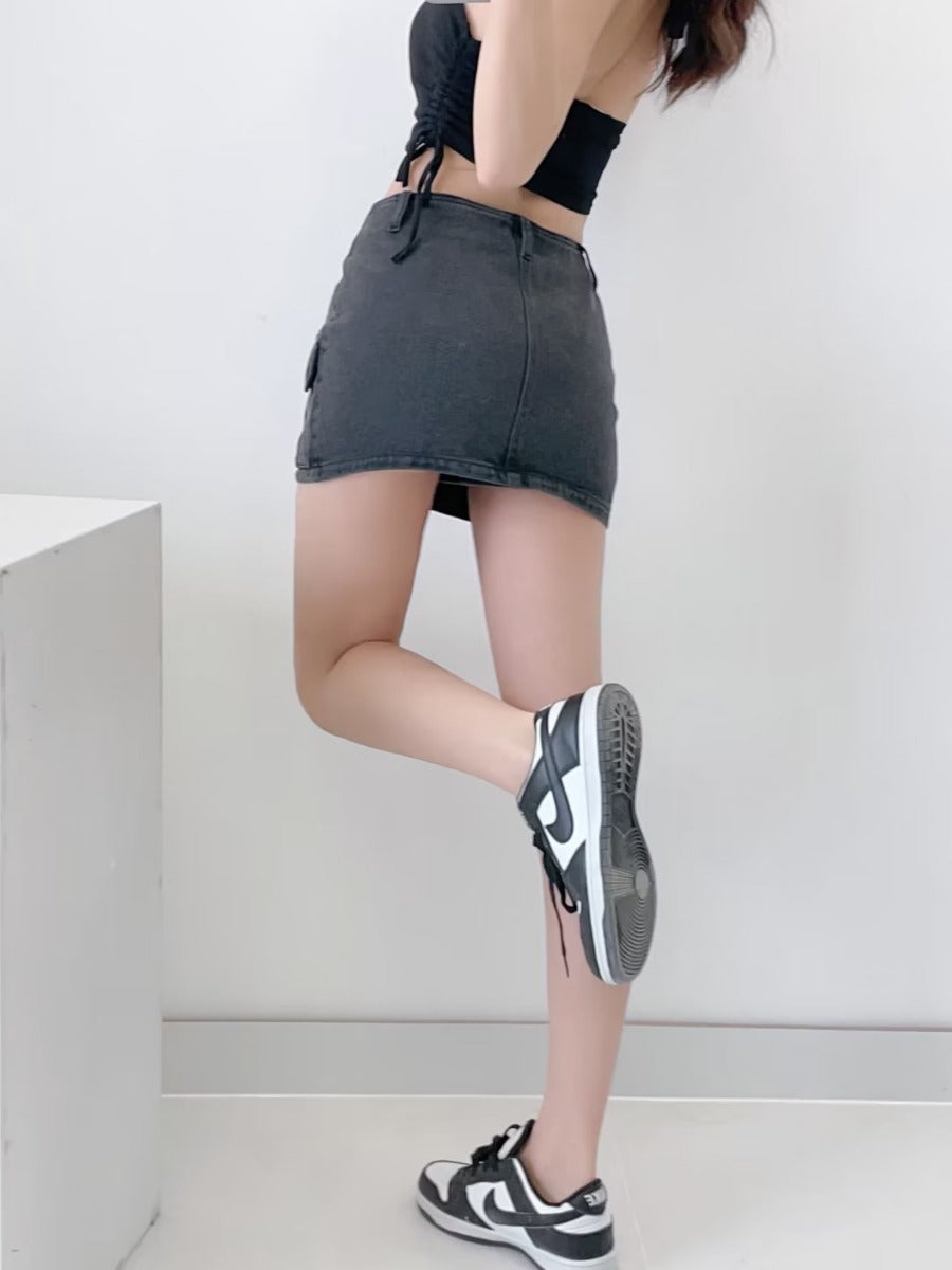 Front pocket denim skirt half skirt