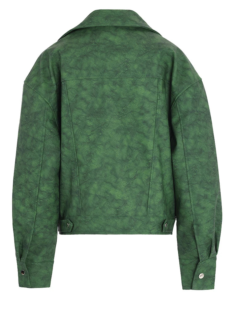 Green Casual Vintage PU Leather Jacket