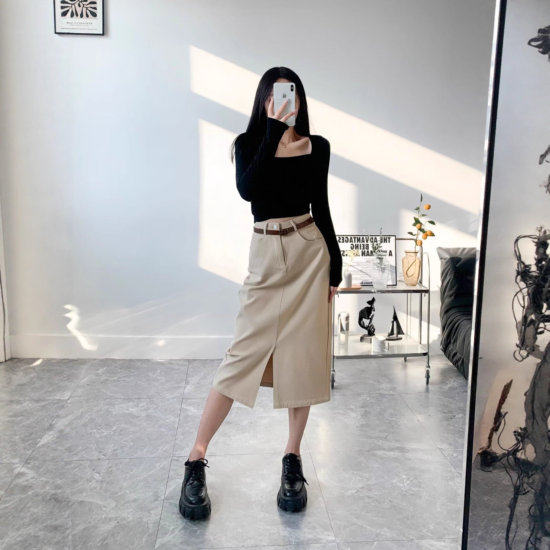 Straight leg slit skirt