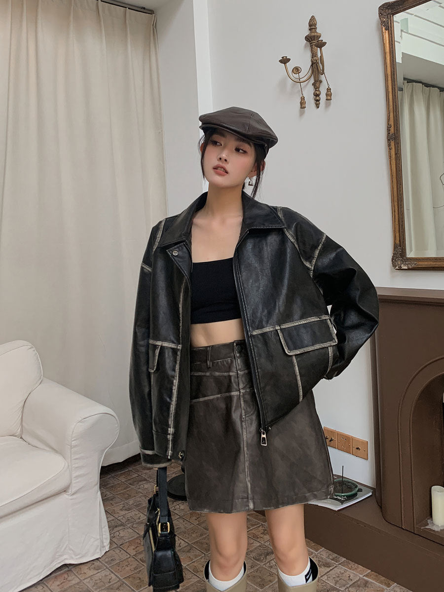 Pockets Faux Leather Jacket Women Winter Vintage