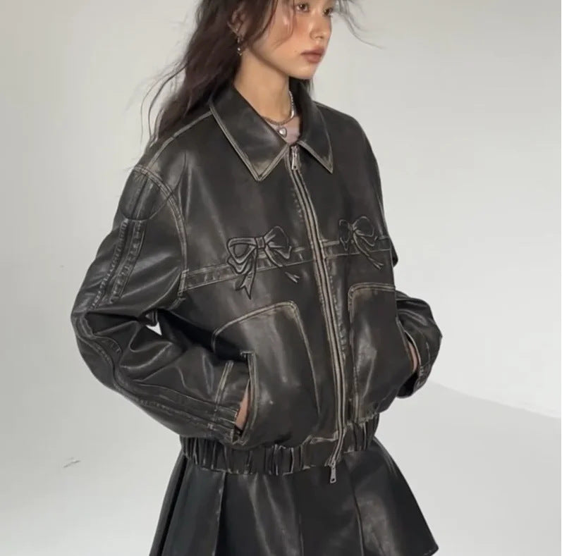 Street Sweet Cool Bow PU Motorcycle Leather Jacket