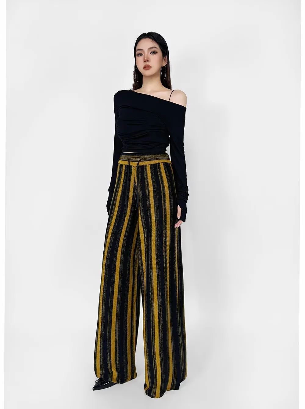 Knitted striped wide leg pants