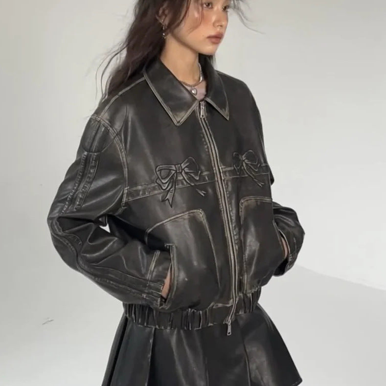 Street Sweet Cool Bow PU Motorcycle Leather Jacket