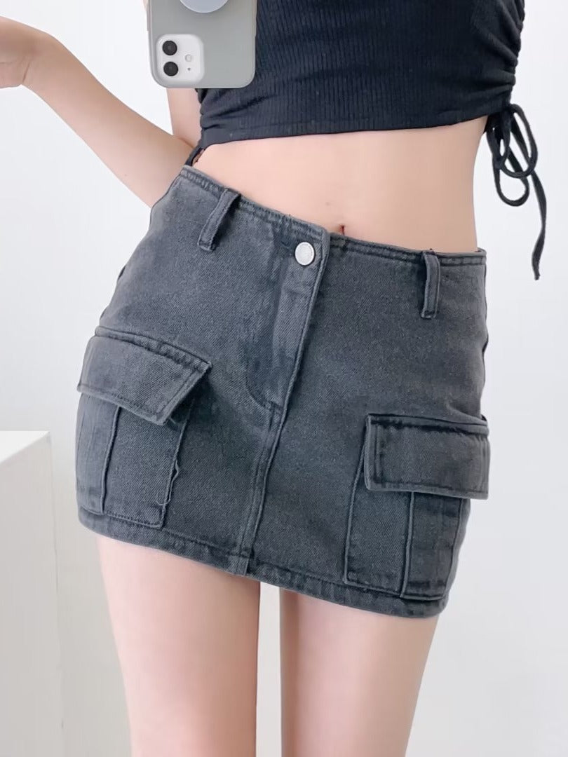 Front pocket denim skirt half skirt