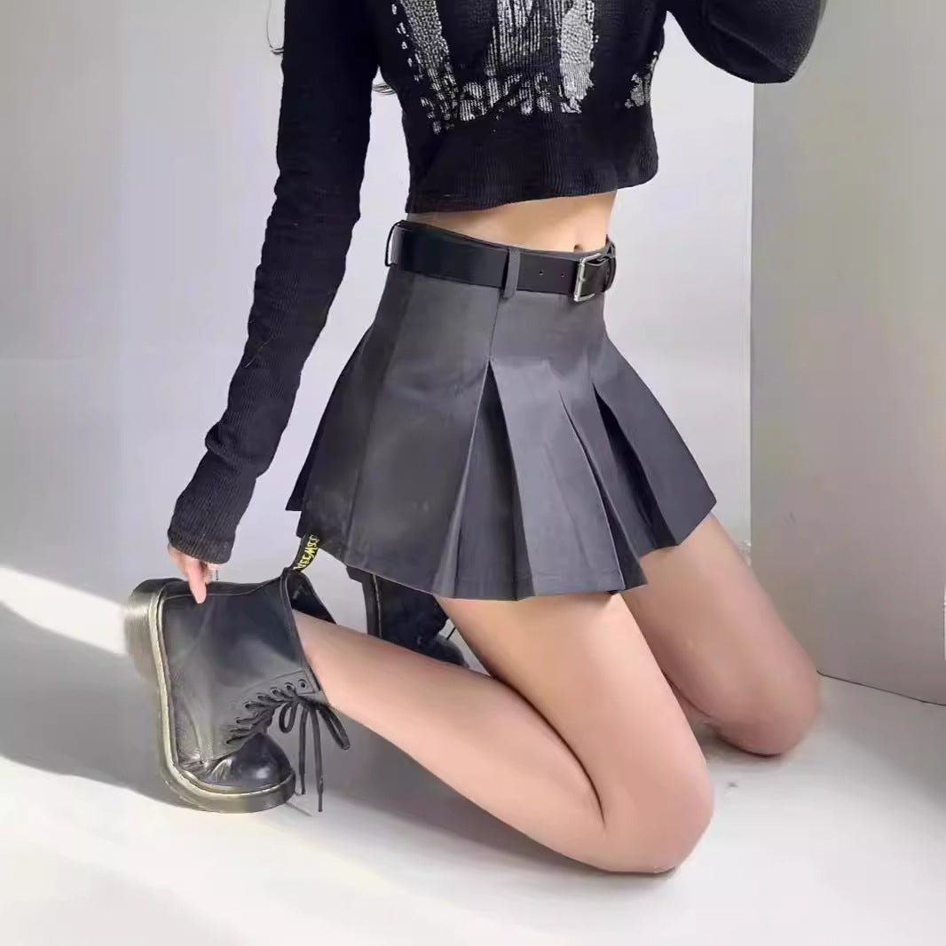 Waist belt pleated skirt