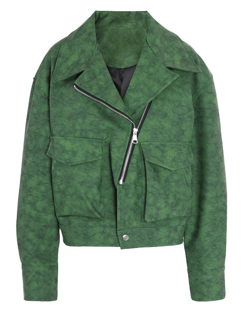 Green Casual Vintage PU Leather Jacket