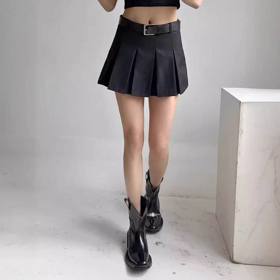 Waist belt pleated skirt