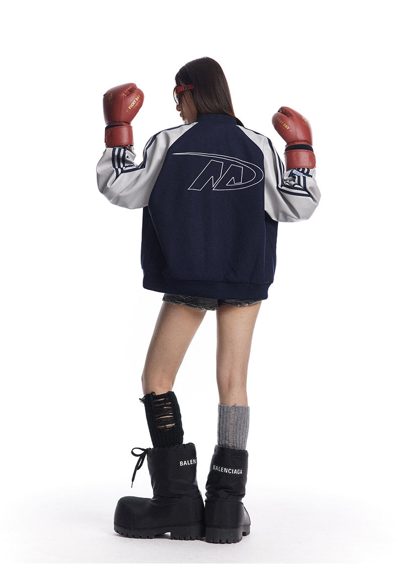 Color Block PU Leather Sleeve Baseball Coat