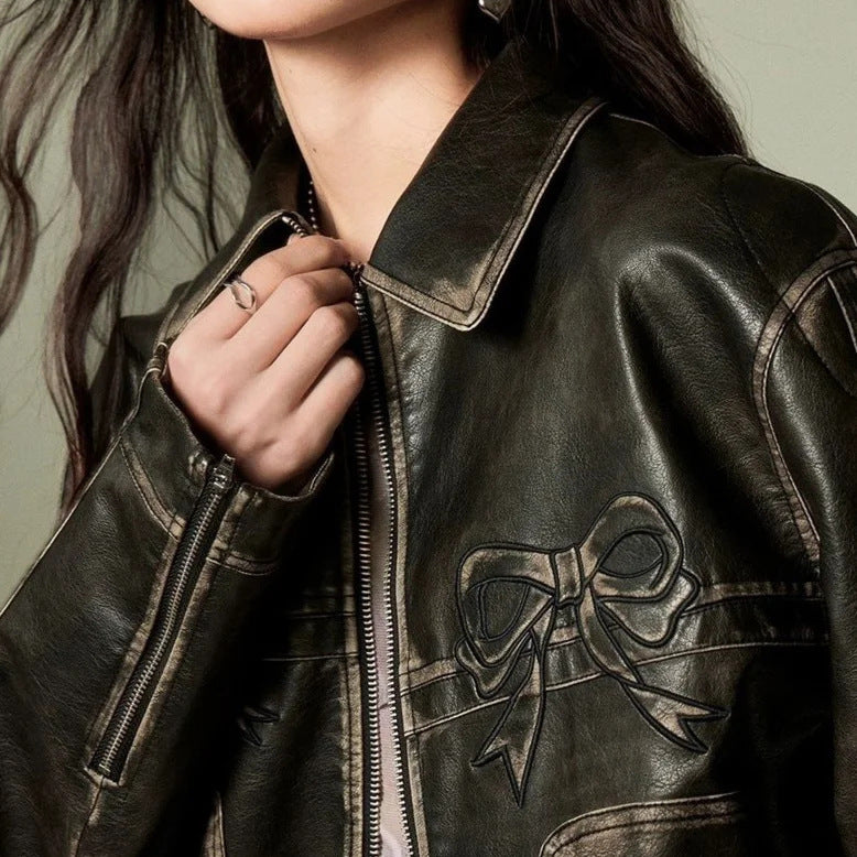 Street Sweet Cool Bow PU Motorcycle Leather Jacket