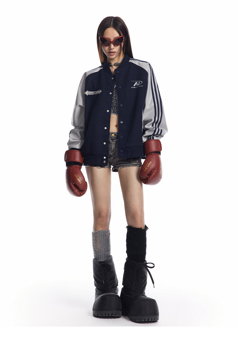 Color Block PU Leather Sleeve Baseball Coat