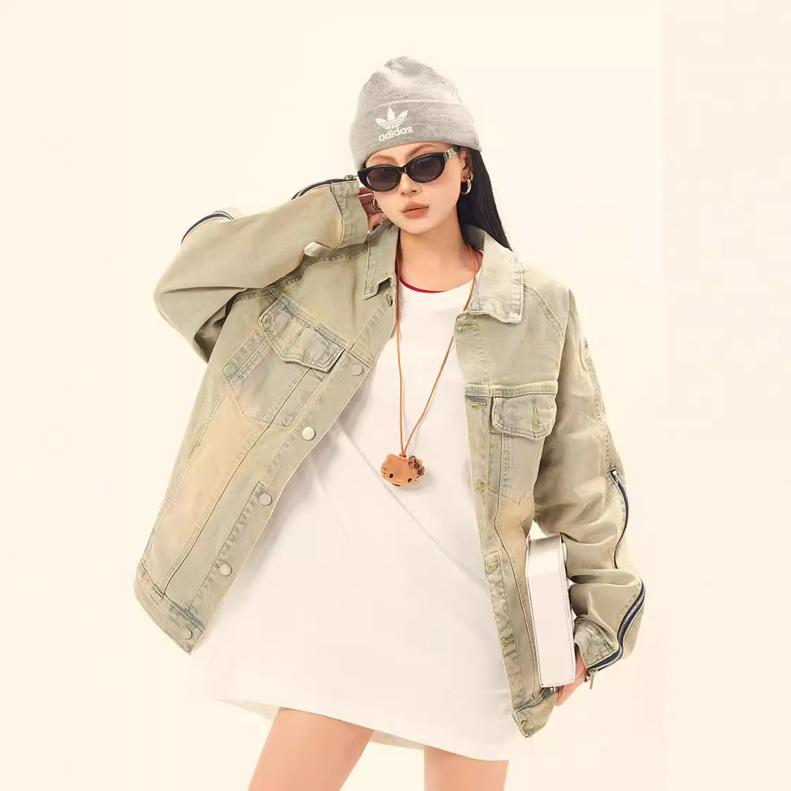 Solid Color Zipper Denim Jacket