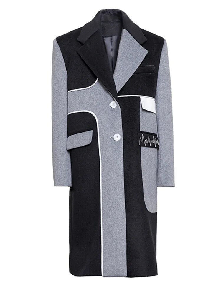 Gray Color-block Long Woolen Coat
