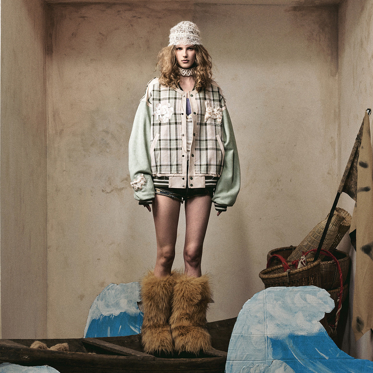 Embroidered jacket plaid baseball jacket