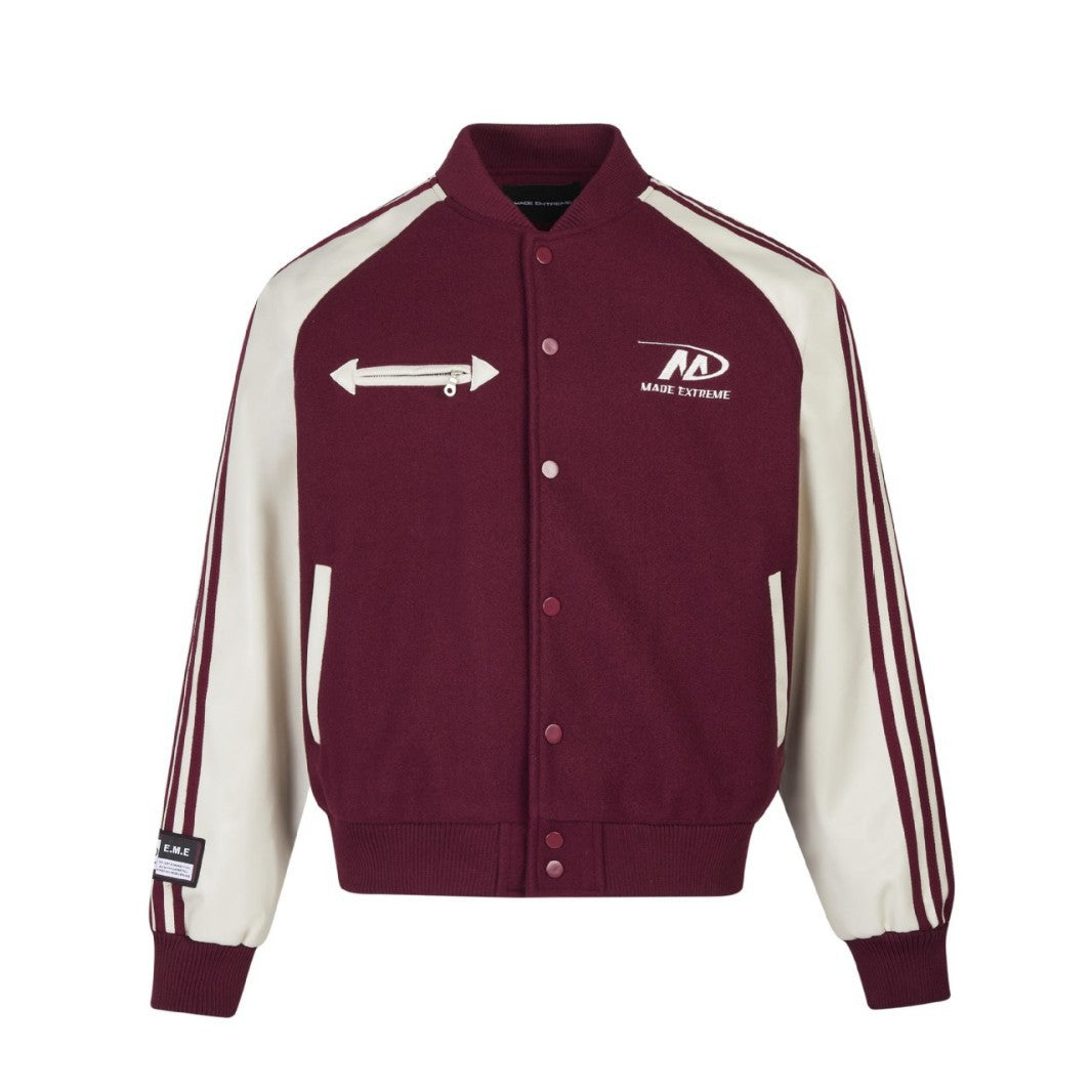 Color Block PU Leather Sleeve Baseball Coat