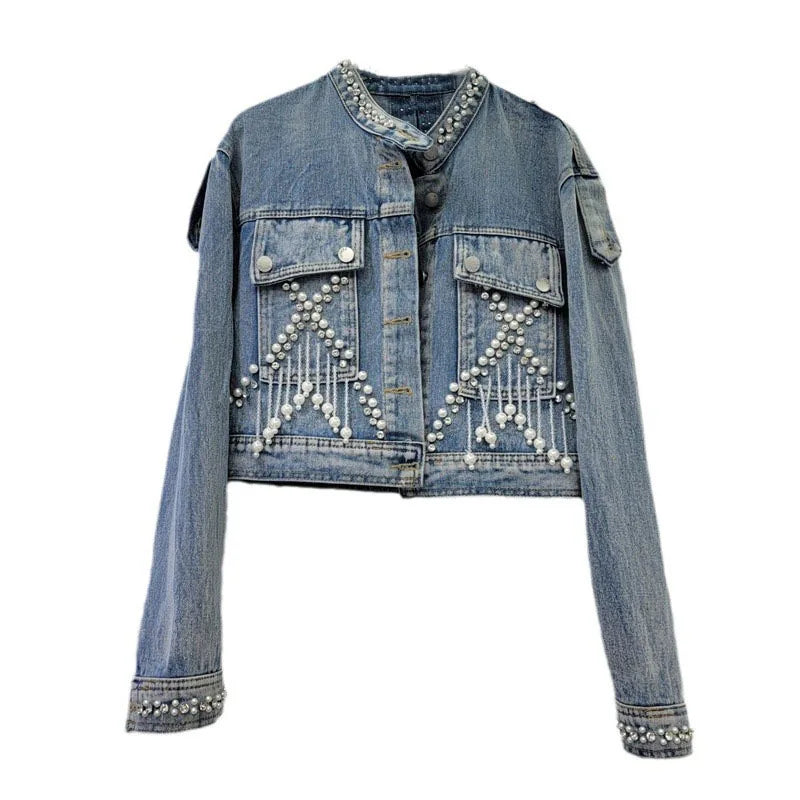 Studded diamond fringed denim jacket