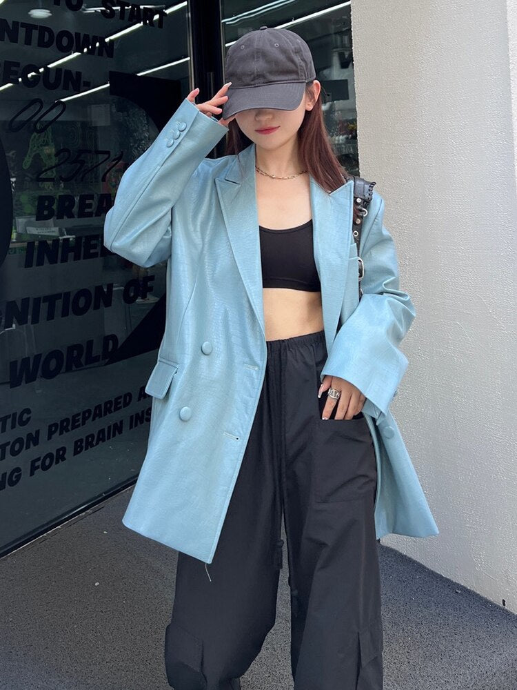 Blue Leather Casual Blazer Jacket
