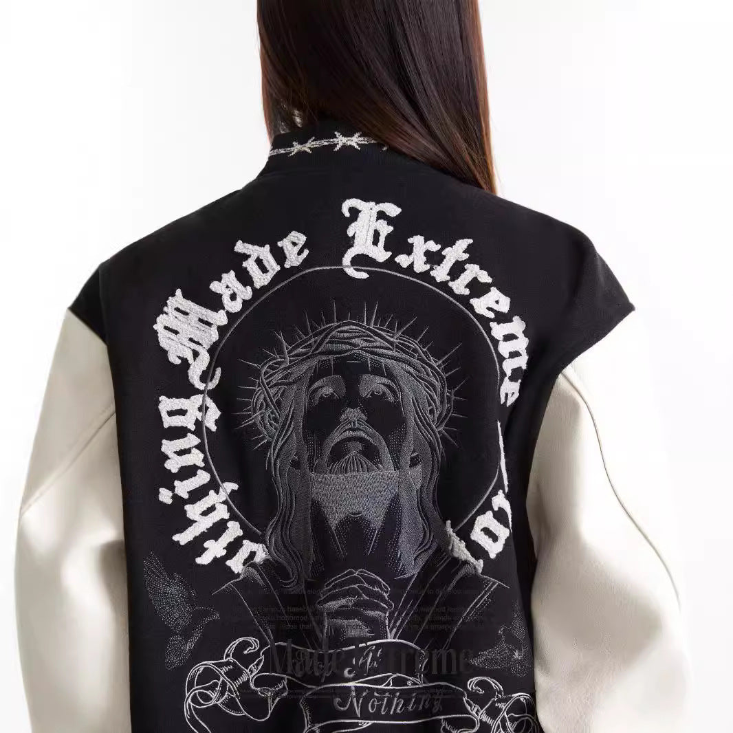 Mixed embroidery PU sleeves Jacket