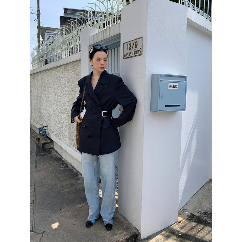 Waist cinched double breasted suit coat