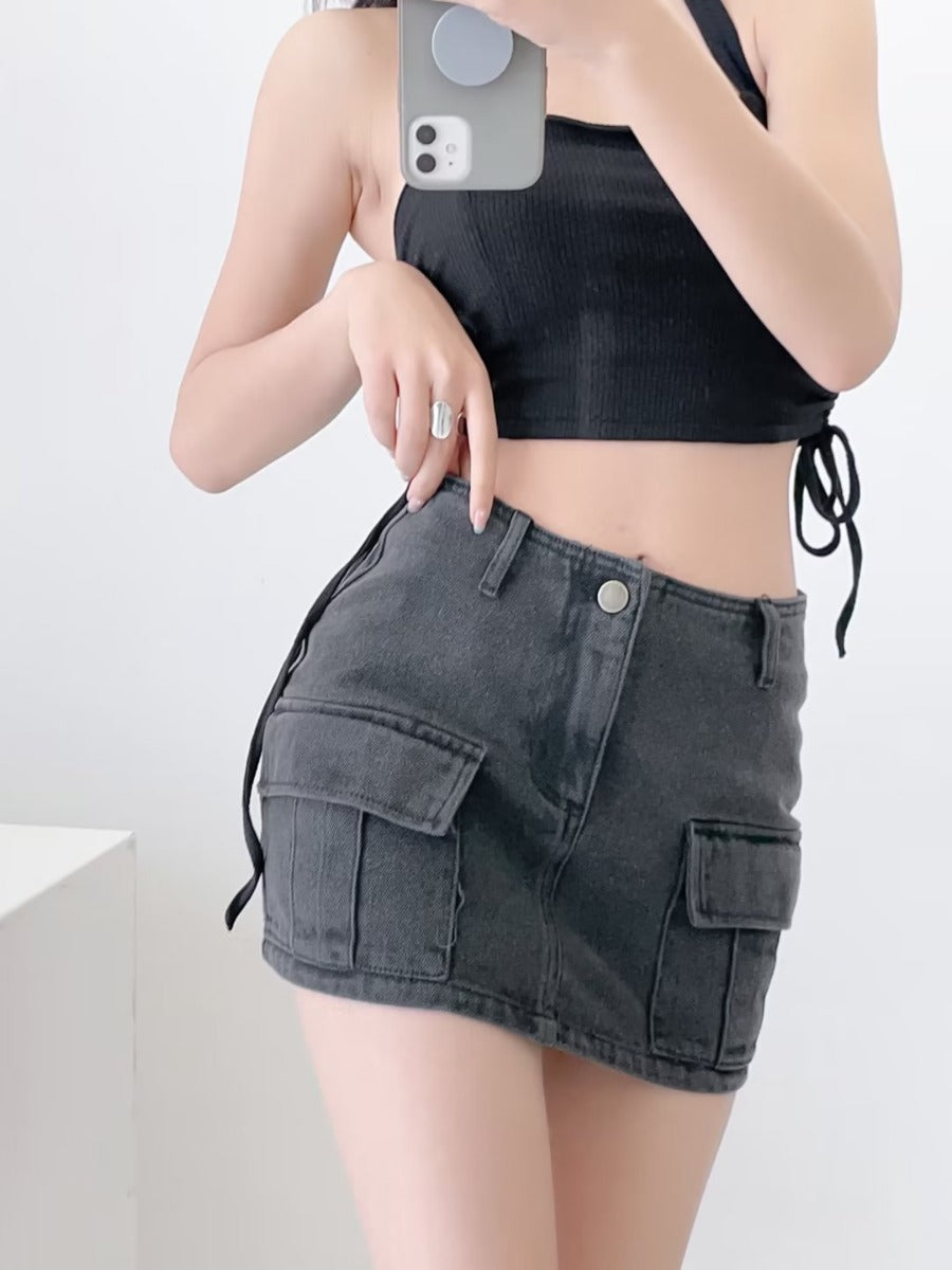 Front pocket denim skirt half skirt