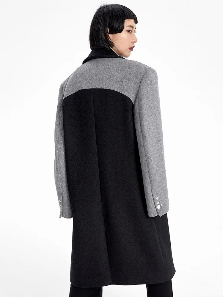 Gray Color-block Long Woolen Coat