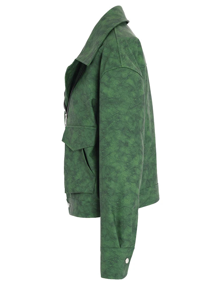 Green Casual Vintage PU Leather Jacket