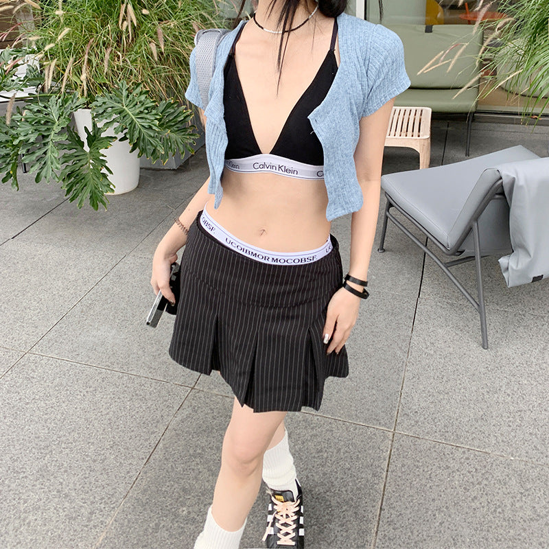 Striped pleated mini skirt
