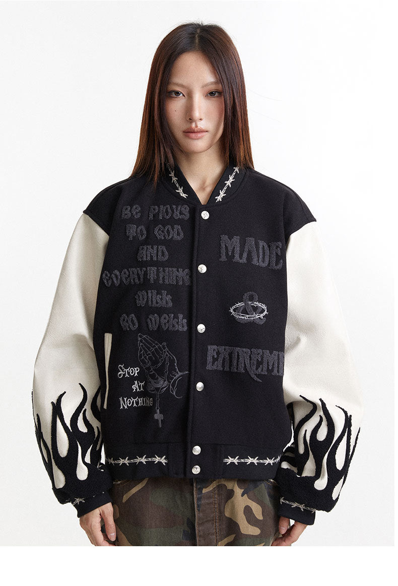 Mixed embroidery PU sleeves Jacket
