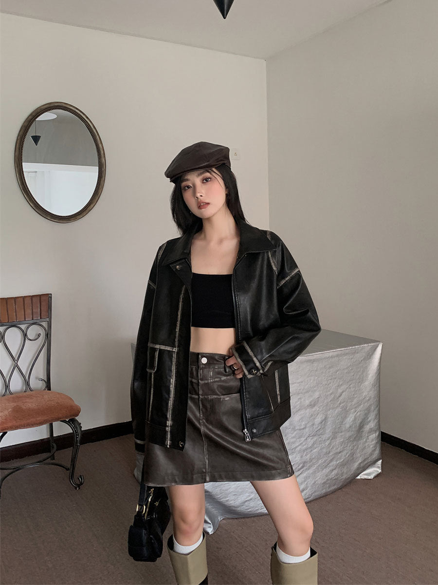 Pockets Faux Leather Jacket Women Winter Vintage