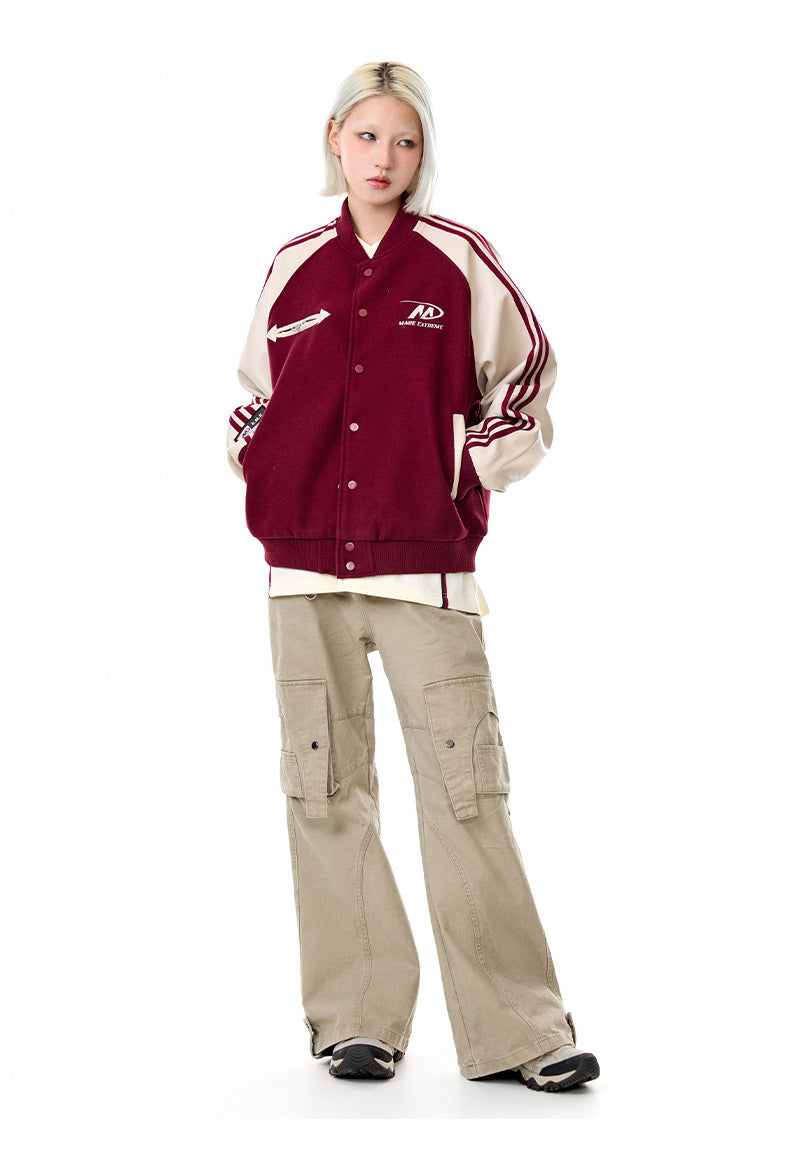 Color Block PU Leather Sleeve Baseball Coat