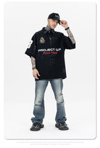 Polo Shirt with Patchwork Badge Letter Embroidery