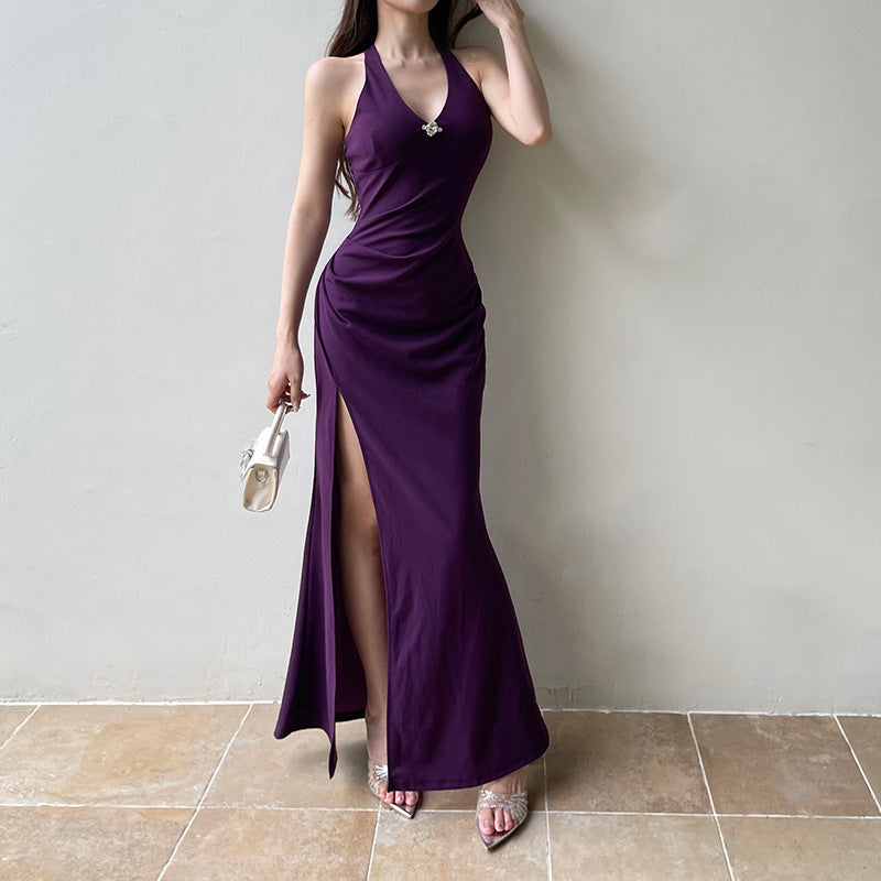 Elegant Deep V Purple Dress