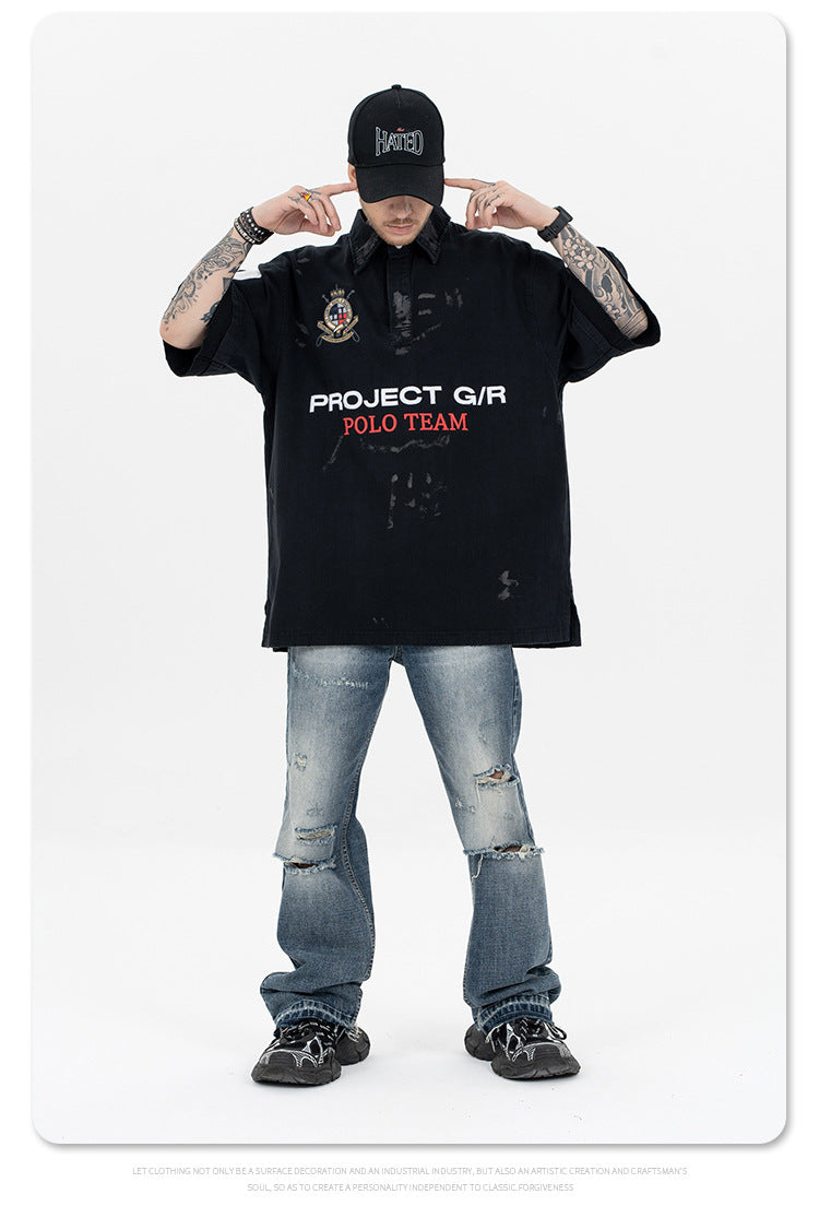 Polo Shirt with Patchwork Badge Letter Embroidery