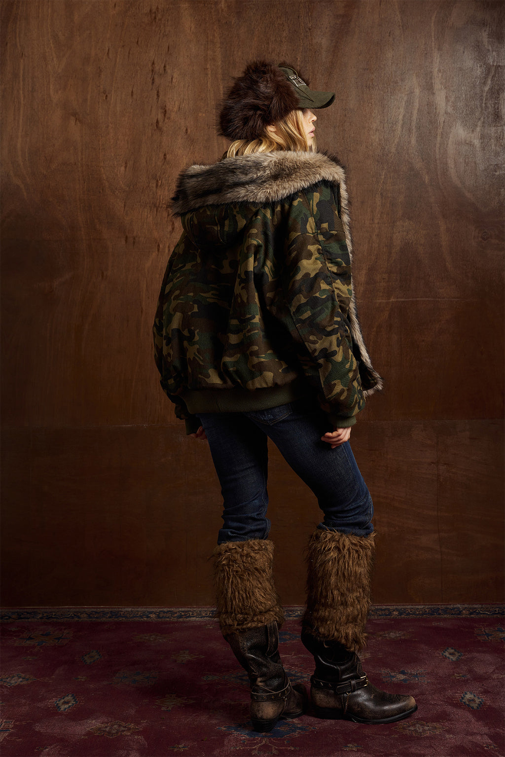 Oversized Camo Fur-Trimmed Winter Coat