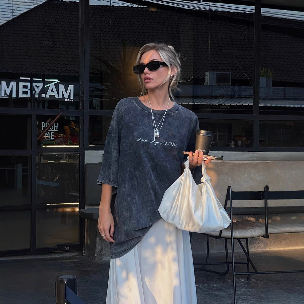 Style INS Trendy Short Sleeve T-Shirt Women Summer New Water Washed Vintage Design Tee Top