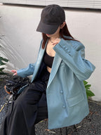 Blue Leather Casual Blazer Jacket