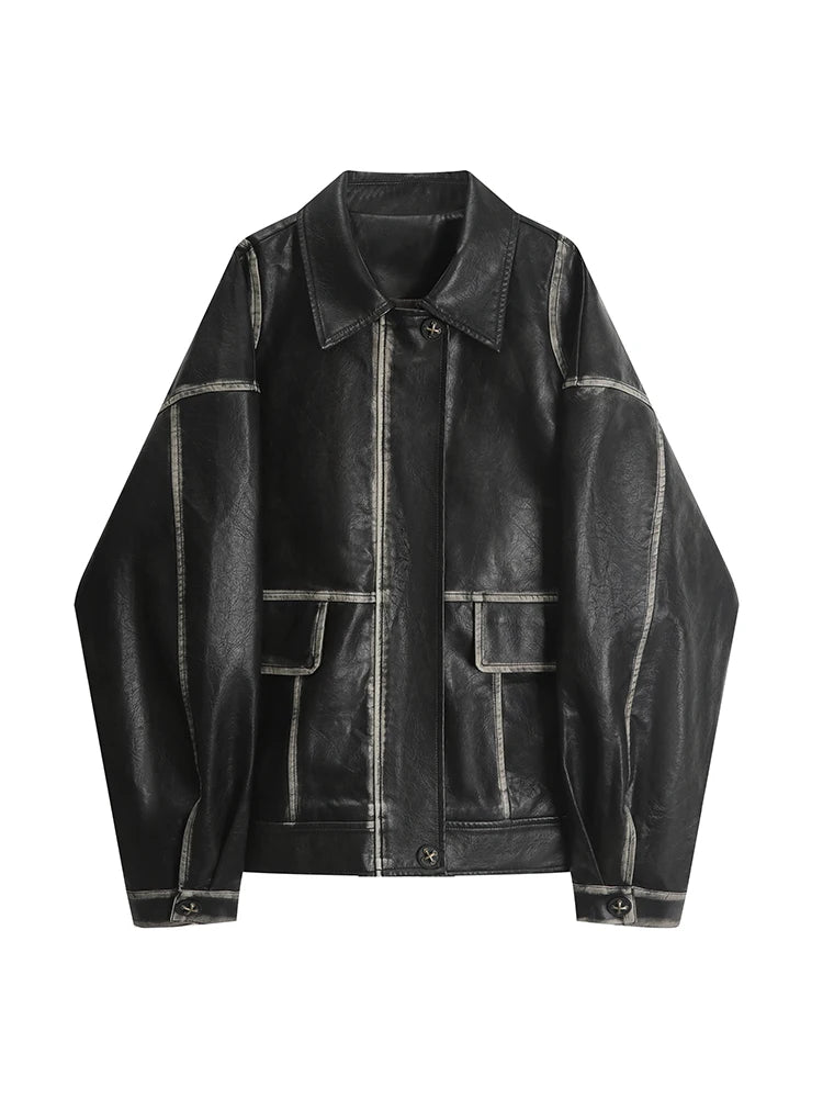 Pockets Faux Leather Jacket Women Winter Vintage