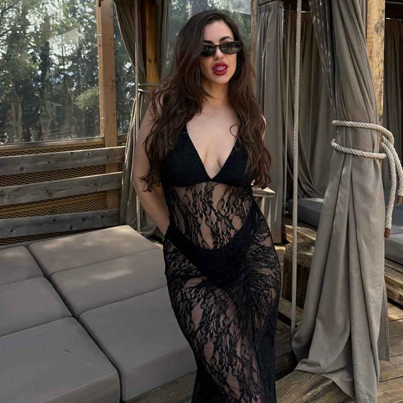 Elegant Lace Backless Slit Dress