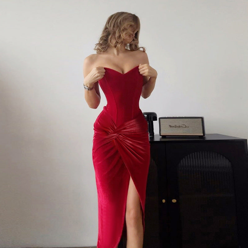 Tailored strapless velvet dress
