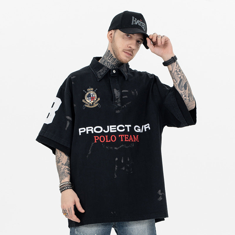 Men's Polo Shirt with Patchwork Badge Letter Embroidery Football