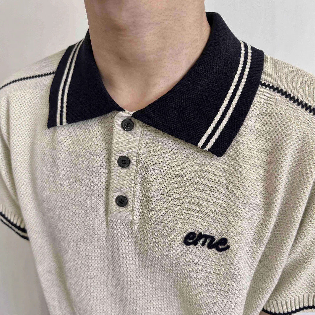 Texture Floral Linen Colorblock Vintage Collar Polo Shirt Knit Short Sleeve