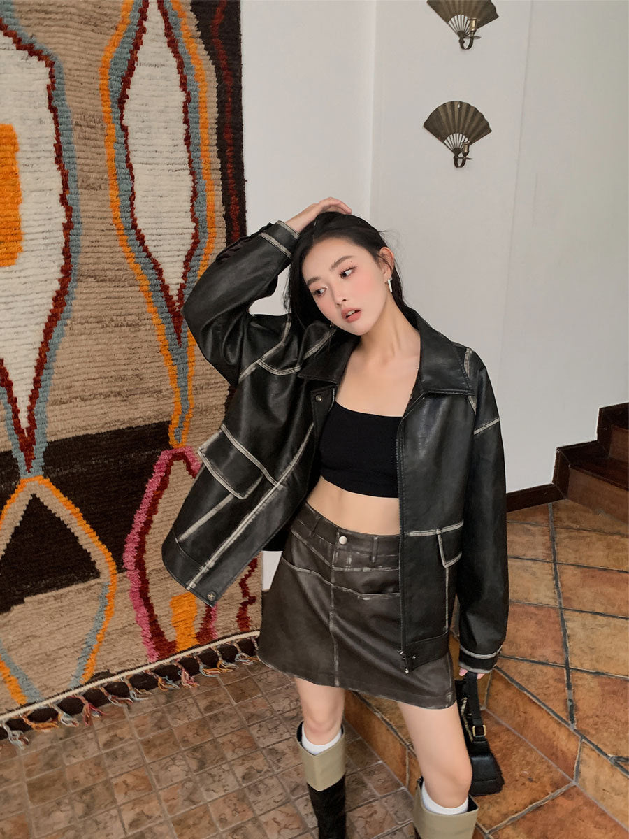 Pockets Faux Leather Jacket Women Winter Vintage