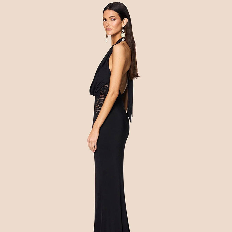 Lace patchwork neck tie deep V-long dress for women